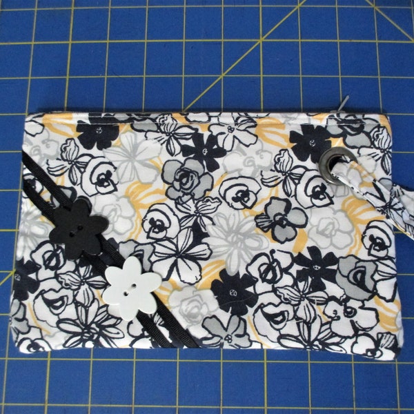 Ladies Wristlet Pouch Clutch Cotton with Floral Print Fabric Grey, White and Yellow Zipper Purse Handmade - cheerful - cute - Free Shipping