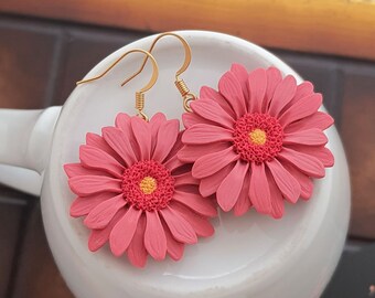 Pink Gerbera Daisy Earrings - Handmade From Polymer Clay - Boho Jewelry