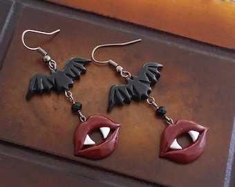 Vampires mouth and bat earrings, vampire halloween earrings handmade from polymer clay, dracula earrings, halloween jewelry, bite earrings