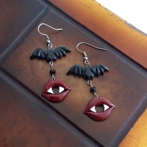 Vampires mouth and bat earrings, vampire halloween earrings handmade from polymer clay, dracula earrings, halloween jewelry, bite earrings image 9