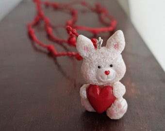 Bunny charm necklace, bunny holding red heart pendant, polymer clay jewelry, pearl white stuffed animal miniature, Valentine's gift