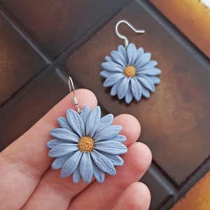 Light blue gray flower earrings, daisy earrings, polymer clay flower jewelry, blue and yellow earrings, gerbera daisy flowers, boho jewelry image 7