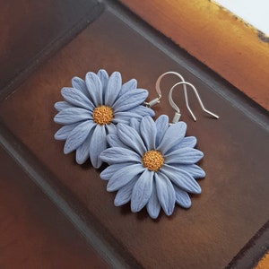 Light blue gray flower earrings, daisy earrings, polymer clay flower jewelry, blue and yellow earrings, gerbera daisy flowers, boho jewelry image 2