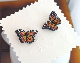 Monarch butterfly stud earrings, butterfly jewelry, orange and black earrings, realistic butterfly earrings handmade from polymer clay, boho
