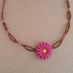 Dark pink flower necklace, gerbera daisy necklace, brown seed bead necklace, flower girl gift, jewelry handmade from polymer clay, boho image 6