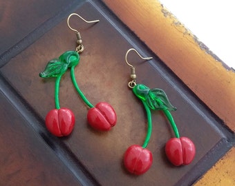 Red cherry earrings, cherry earrings, polymer clay earrings, dangle earrings, green glass leaves, red fruit jewelry, red and green, cherries