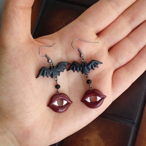 Vampires mouth and bat earrings, vampire halloween earrings handmade from polymer clay, dracula earrings, halloween jewelry, bite earrings image 5