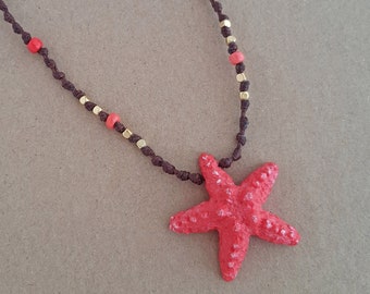 Red starfish pendant, sea star necklace from polymer clay, mermaid jewelry, pale red starfish, unique sea life necklace, summer gift for her