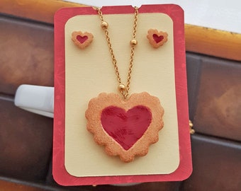 Ruffled heart jam biscuit jewelry set, linzer cookie pendant and stud earrings, polymer clay jewellery, ruffled heart cookie jewelry set