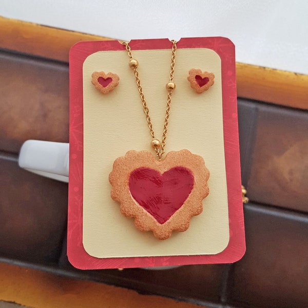 Ruffled heart jam biscuit jewelry set, linzer cookie pendant and stud earrings, polymer clay jewellery, ruffled heart cookie jewelry set