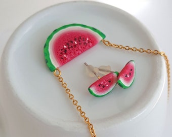 Watermelon slice necklace and stud earrings, watermelon jewelry from polymer clay, watermelon slice jewelry set, miniature fruit jewelry set