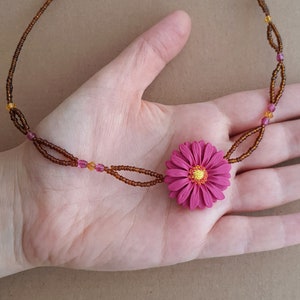 Dark pink flower necklace, gerbera daisy necklace, brown seed bead necklace, flower girl gift, jewelry handmade from polymer clay, boho image 5