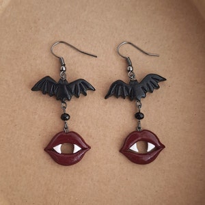 Vampires mouth and bat earrings, vampire halloween earrings handmade from polymer clay, dracula earrings, halloween jewelry, bite earrings image 6