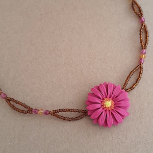 Dark pink flower necklace, gerbera daisy necklace, brown seed bead necklace, flower girl gift, jewelry handmade from polymer clay, boho image 2