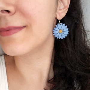 Light blue gray flower earrings, daisy earrings, polymer clay flower jewelry, blue and yellow earrings, gerbera daisy flowers, boho jewelry image 1