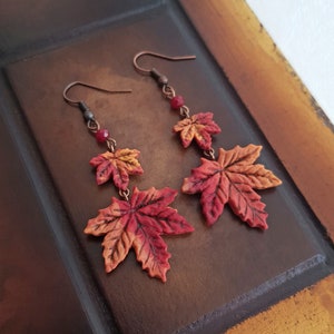 Maple leaf earrings - Red & Yellow Autumn Leaf Dangle Jewelry