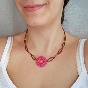 Dark pink flower necklace, gerbera daisy necklace, brown seed bead necklace, flower girl gift, jewelry handmade from polymer clay, boho image 10