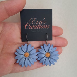 Light blue gray flower earrings, daisy earrings, polymer clay flower jewelry, blue and yellow earrings, gerbera daisy flowers, boho jewelry image 10