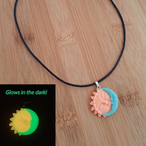 Sun and crescent moon pendant, peachy sun and blue crescent moon kissing necklace, sun and moon handmade from polymer clay, glow in the dark