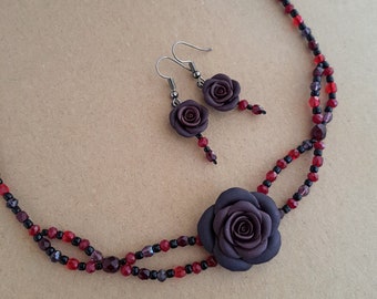 Rose flower jewelry set, dark purple and red flower necklace and studs, floral jewelry handmade from polymer clay, gothic floral jewelry set