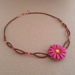 Dark pink flower necklace, gerbera daisy necklace, brown seed bead necklace, flower girl gift, jewelry handmade from polymer clay, boho image 7