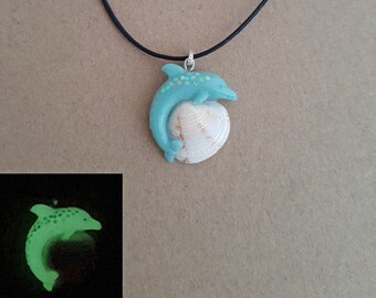 Dolphin and sea shell charm necklace, glow in the dark dolphin necklace, aqua blue dolphin handmade from polymer clay, sea life jewelry