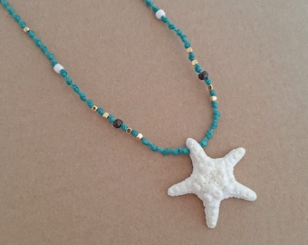 White starfish pendant, sea star pendant handmade from polymer clay, white and green long necklace, starfish jewelry, realistic sea star