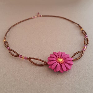 Dark pink flower necklace, gerbera daisy necklace, brown seed bead necklace, flower girl gift, jewelry handmade from polymer clay, boho image 8