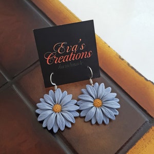 Light blue gray flower earrings, daisy earrings, polymer clay flower jewelry, blue and yellow earrings, gerbera daisy flowers, boho jewelry image 8