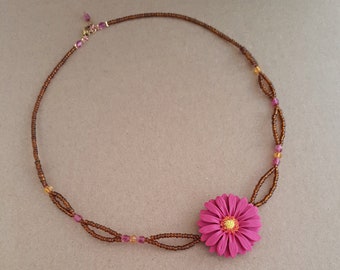 Dark pink flower necklace, gerbera daisy necklace, brown seed bead necklace, flower girl gift, jewelry handmade from polymer clay, boho