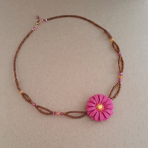 Dark pink flower necklace, gerbera daisy necklace, brown seed bead necklace, flower girl gift, jewelry handmade from polymer clay, boho image 1