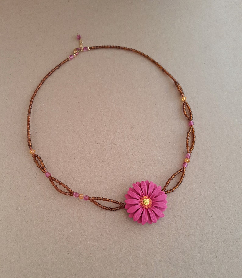 Dark pink flower necklace, gerbera daisy necklace, brown seed bead necklace, flower girl gift, jewelry handmade from polymer clay, boho image 4