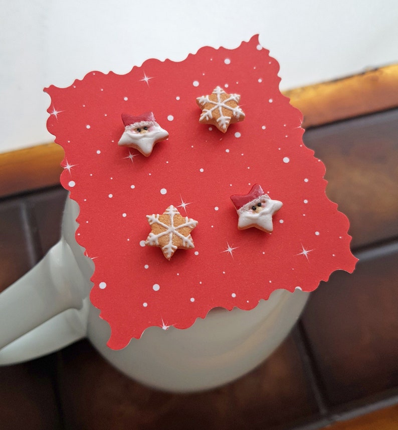 Christmas cookie stud earrings, Santa star cookie stud earrings, snowflake cookie studs, inedible jewelry, miniature food, holiday jewelry image 10