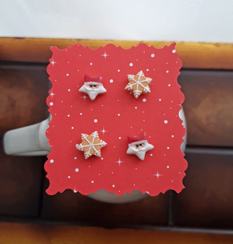 Christmas cookie stud earrings, Santa star cookie stud earrings, snowflake cookie studs, inedible jewelry, miniature food, holiday jewelry image 1