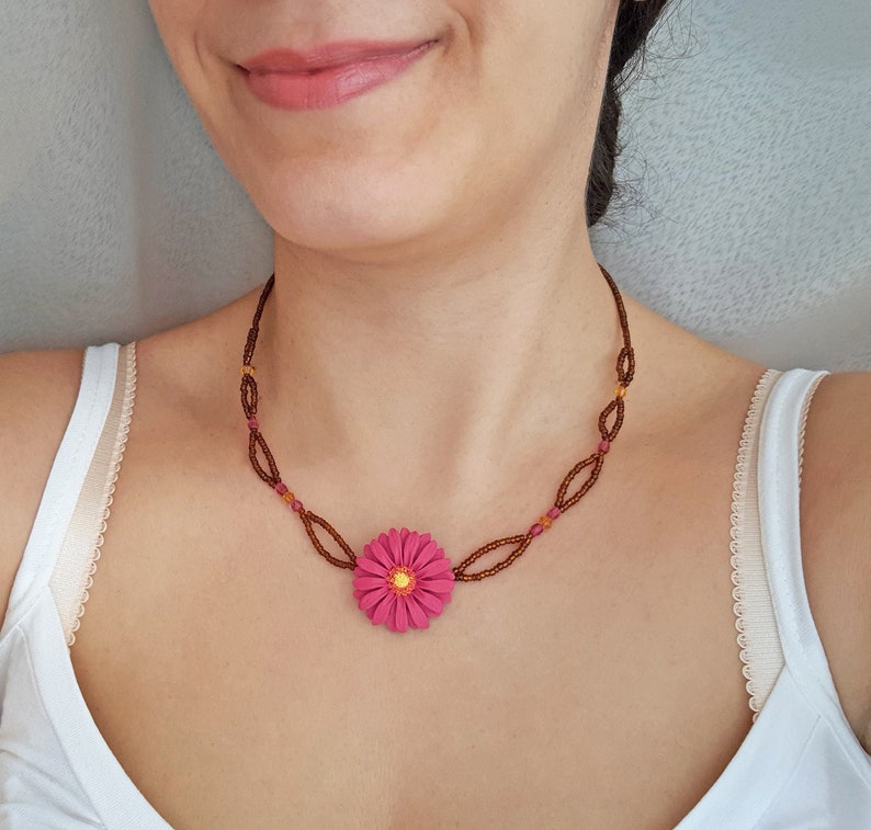 Dark pink flower necklace, gerbera daisy necklace, brown seed bead necklace, flower girl gift, jewelry handmade from polymer clay, boho image 10