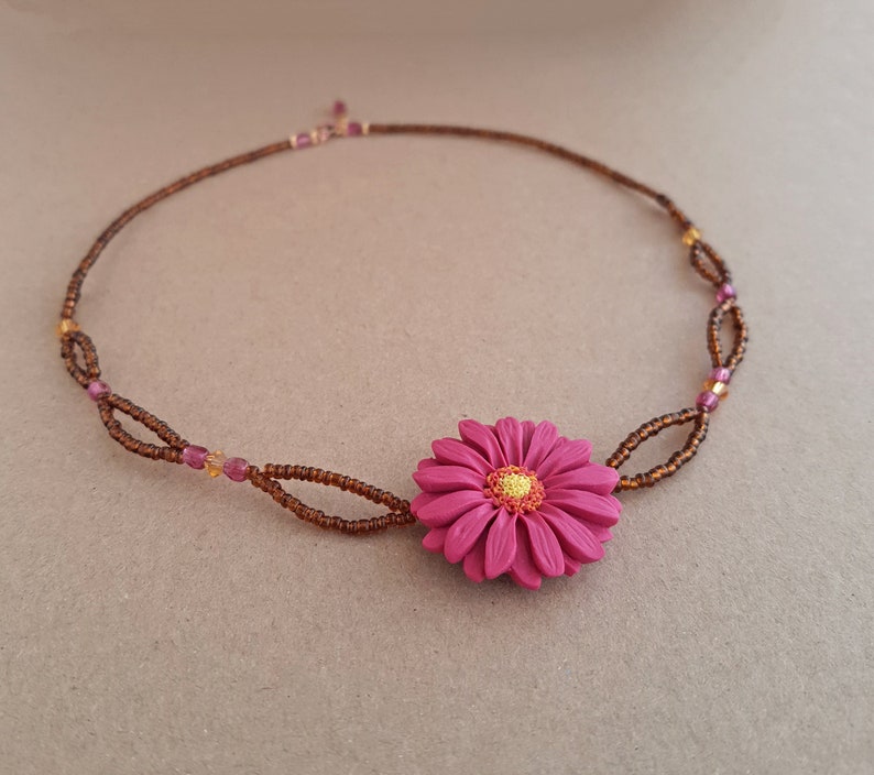 Dark pink flower necklace, gerbera daisy necklace, brown seed bead necklace, flower girl gift, jewelry handmade from polymer clay, boho image 8