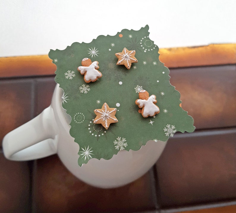 Christmas cookie studs, angel and Christmas star cookie stud earrings, Xmas cookie studs, inedible jewelry, miniature food, holiday jewelry image 2