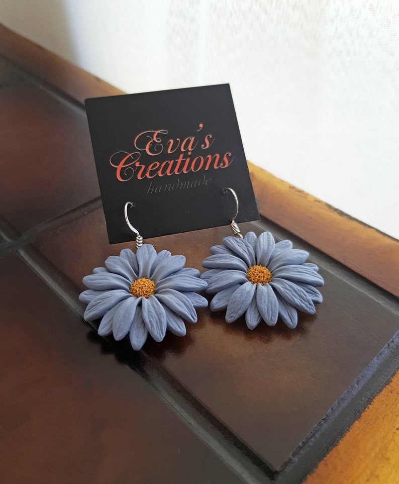 Light blue gray flower earrings, daisy earrings, polymer clay flower jewelry, blue and yellow earrings, gerbera daisy flowers, boho jewelry image 9