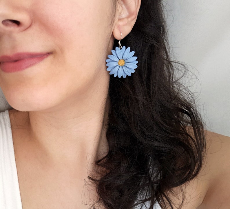 Light blue gray flower earrings, daisy earrings, polymer clay flower jewelry, blue and yellow earrings, gerbera daisy flowers, boho jewelry image 1