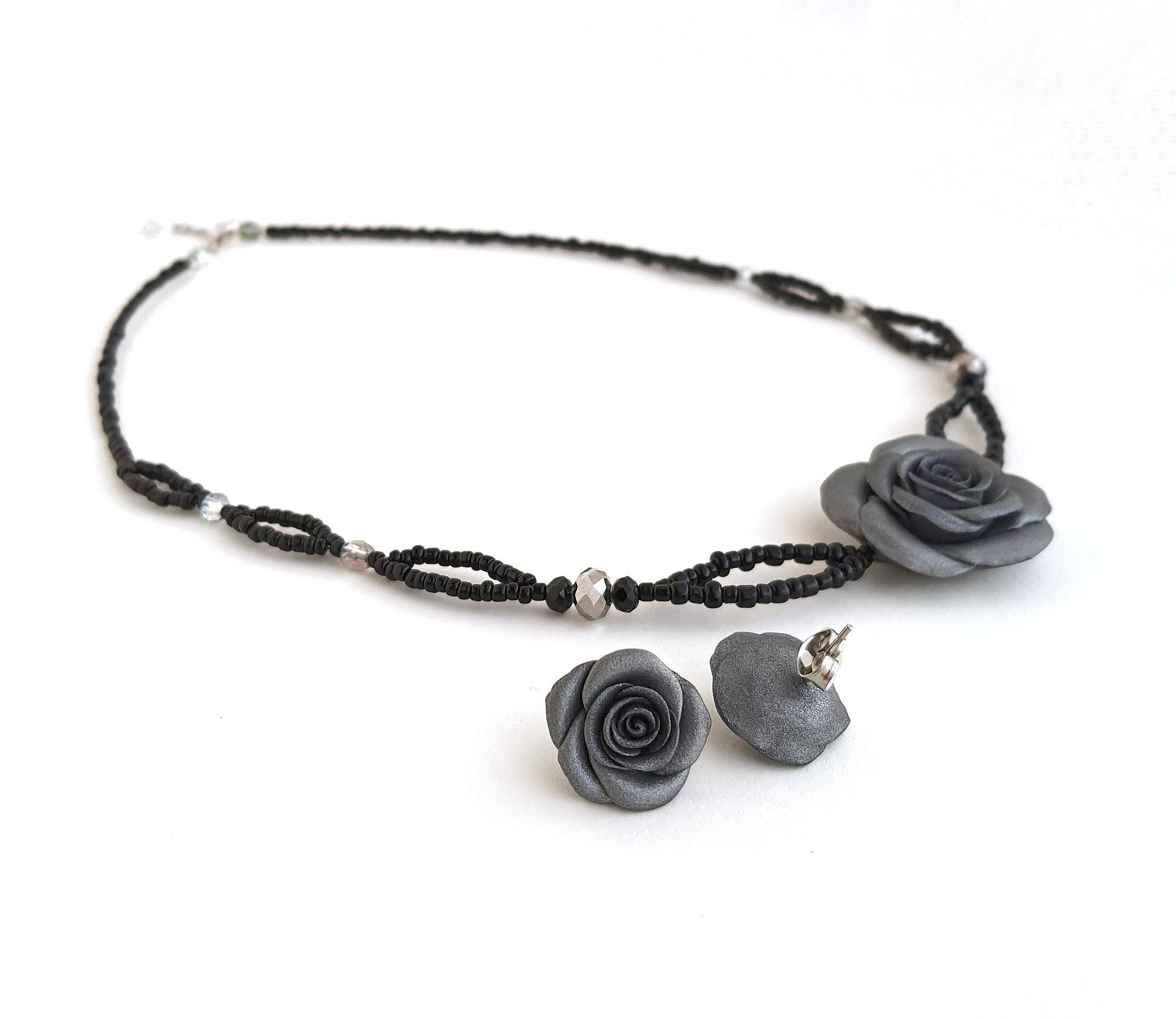 Silver Rose Flower Jewelry Set Black Seed Bead Choker Etsy