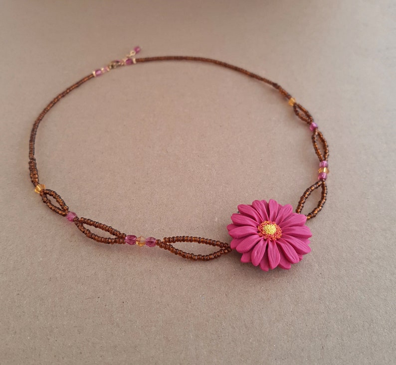 Dark pink flower necklace, gerbera daisy necklace, brown seed bead necklace, flower girl gift, jewelry handmade from polymer clay, boho image 7