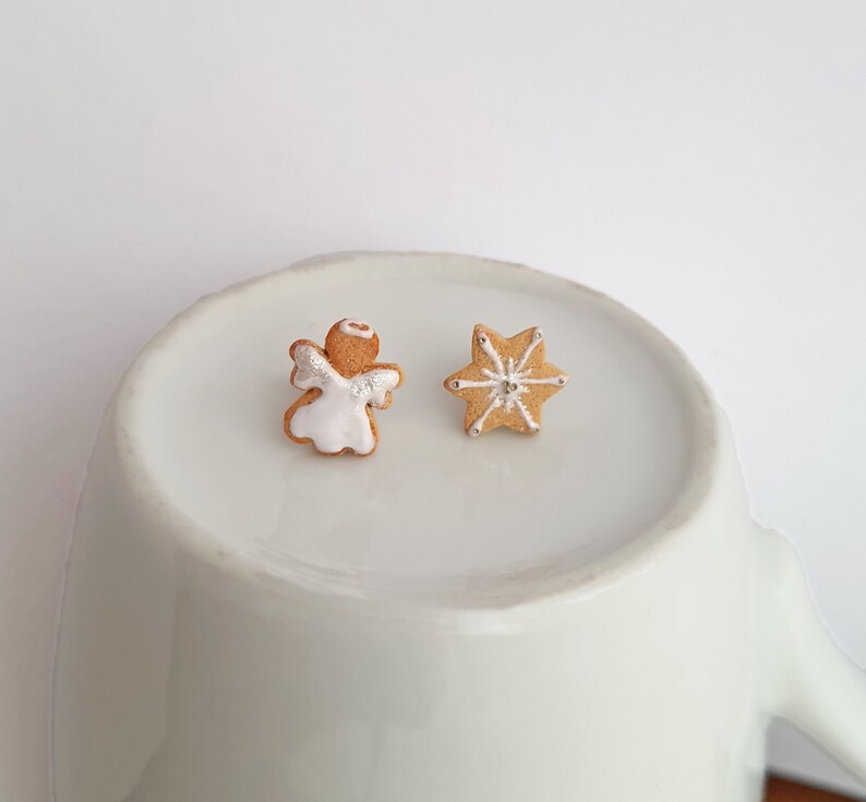 Christmas cookie studs, angel and Christmas star cookie stud earrings, Xmas cookie studs, inedible jewelry, miniature food, holiday jewelry image 7