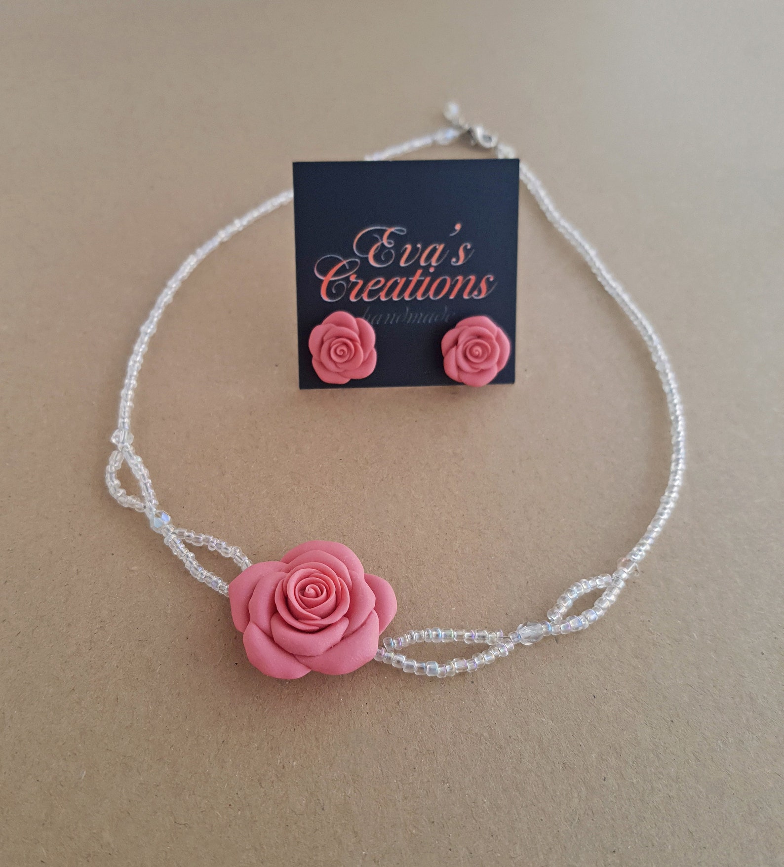 Pink Rose Jewelry Set Rose Flower Charm Necklace Rose Flower Etsy