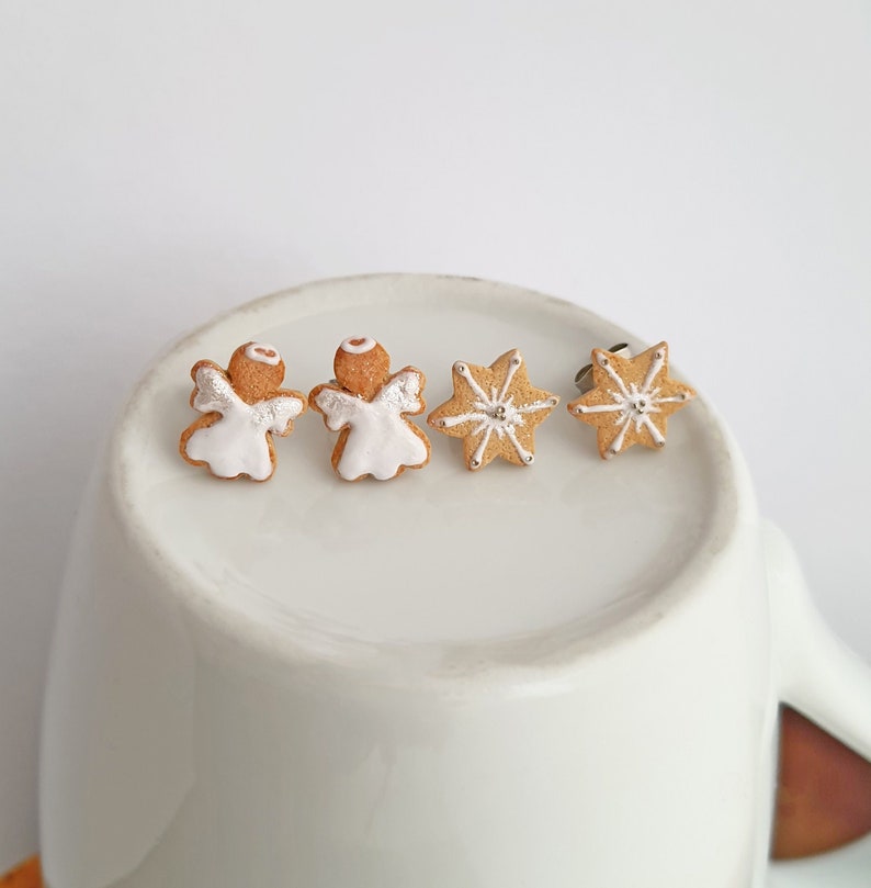 Christmas cookie studs, angel and Christmas star cookie stud earrings, Xmas cookie studs, inedible jewelry, miniature food, holiday jewelry image 4
