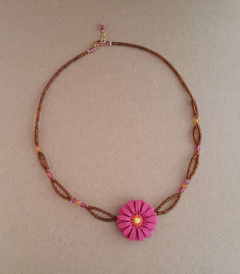 Dark pink flower necklace, gerbera daisy necklace, brown seed bead necklace, flower girl gift, jewelry handmade from polymer clay, boho image 6
