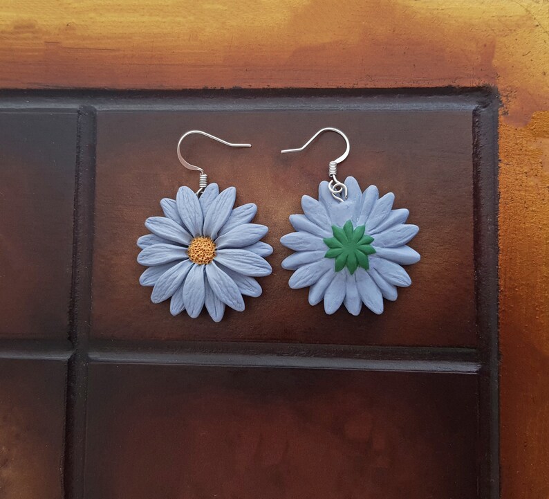 Light blue gray flower earrings, daisy earrings, polymer clay flower jewelry, blue and yellow earrings, gerbera daisy flowers, boho jewelry image 4