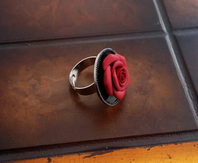 red rose emerge from black lake flower jewelry red /& black red rose flower gothic ring handmade from polymer clay Red rose round ring