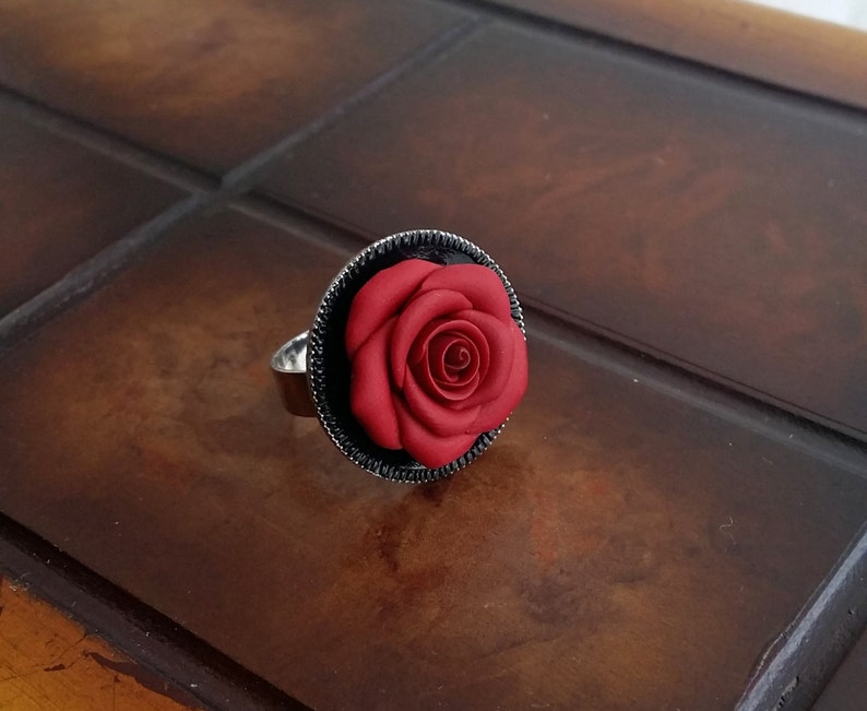 red rose emerge from black lake flower jewelry red /& black red rose flower gothic ring handmade from polymer clay Red rose round ring