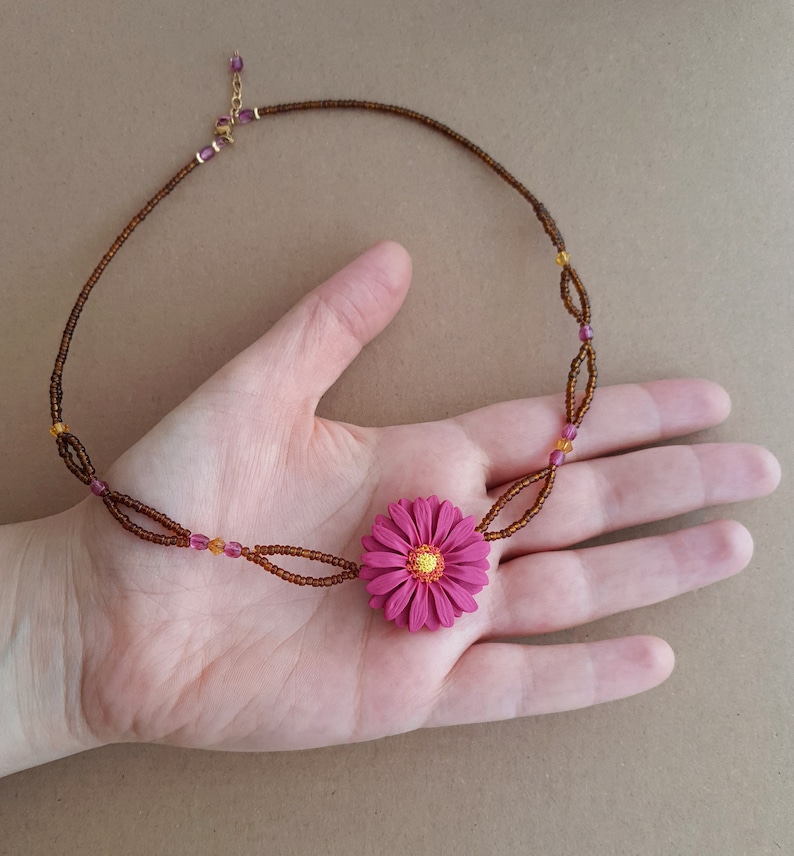 Dark pink flower necklace, gerbera daisy necklace, brown seed bead necklace, flower girl gift, jewelry handmade from polymer clay, boho image 5