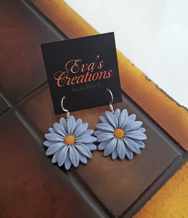 Light blue gray flower earrings, daisy earrings, polymer clay flower jewelry, blue and yellow earrings, gerbera daisy flowers, boho jewelry image 8